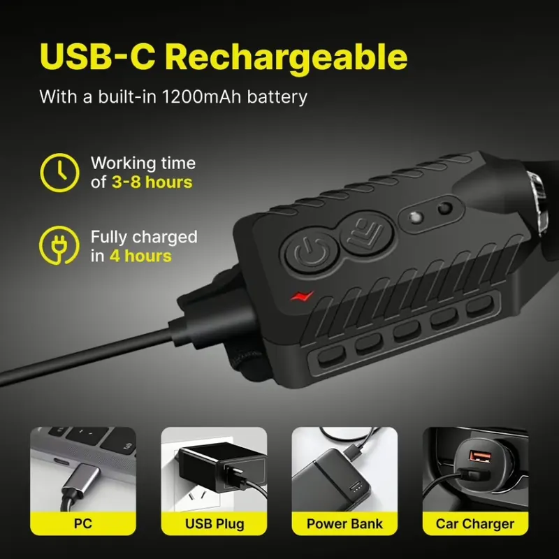 Ladegrafik mit USB-C-Anschluss, 1200-mAh-Akku, 3 bis 8 Stunden Nutzung, 4 Stunden Ladezeit und passenden Ladegeräten